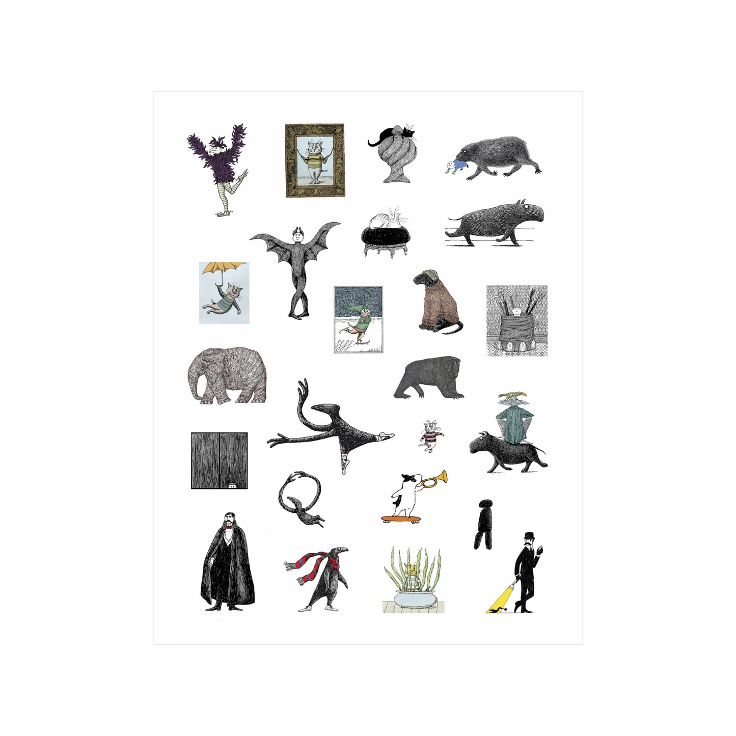 Edward Gorey sticker book sheet with whimsical illustrated characters and creatures