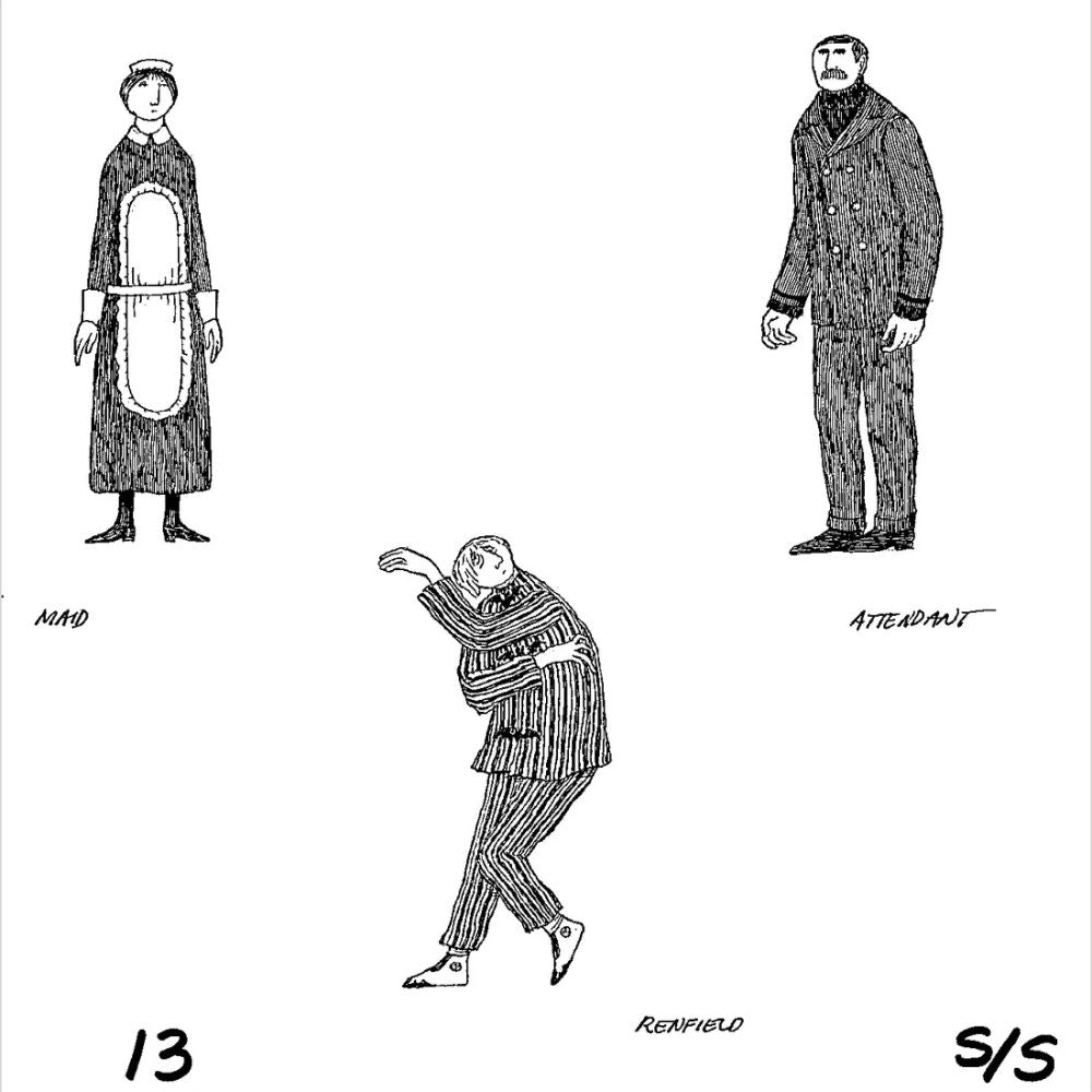 Edward Gorey Dracula toy theatre cutouts: maid, attendant, Renfield; black and white line art