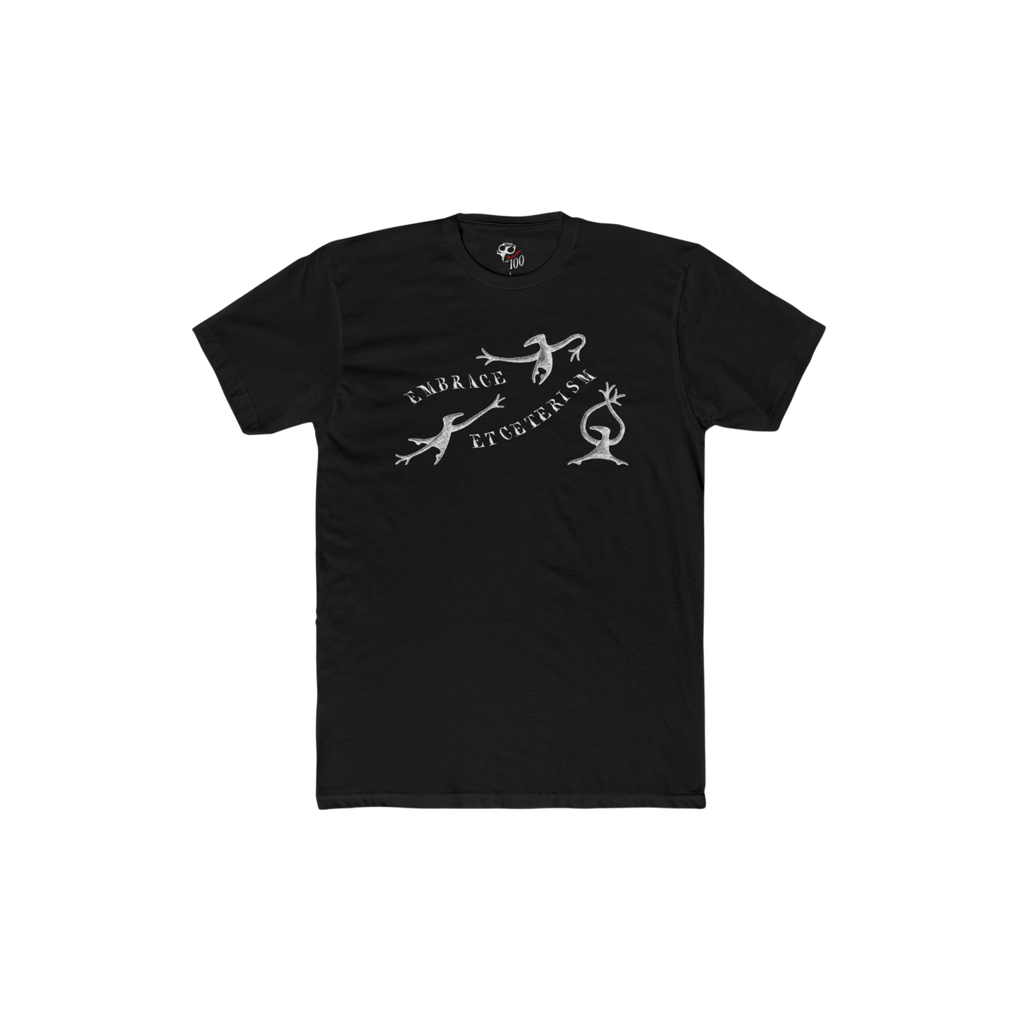 Black Edward Gorey t-shirt with white illustrations and 'Embrace Etceterism' text
