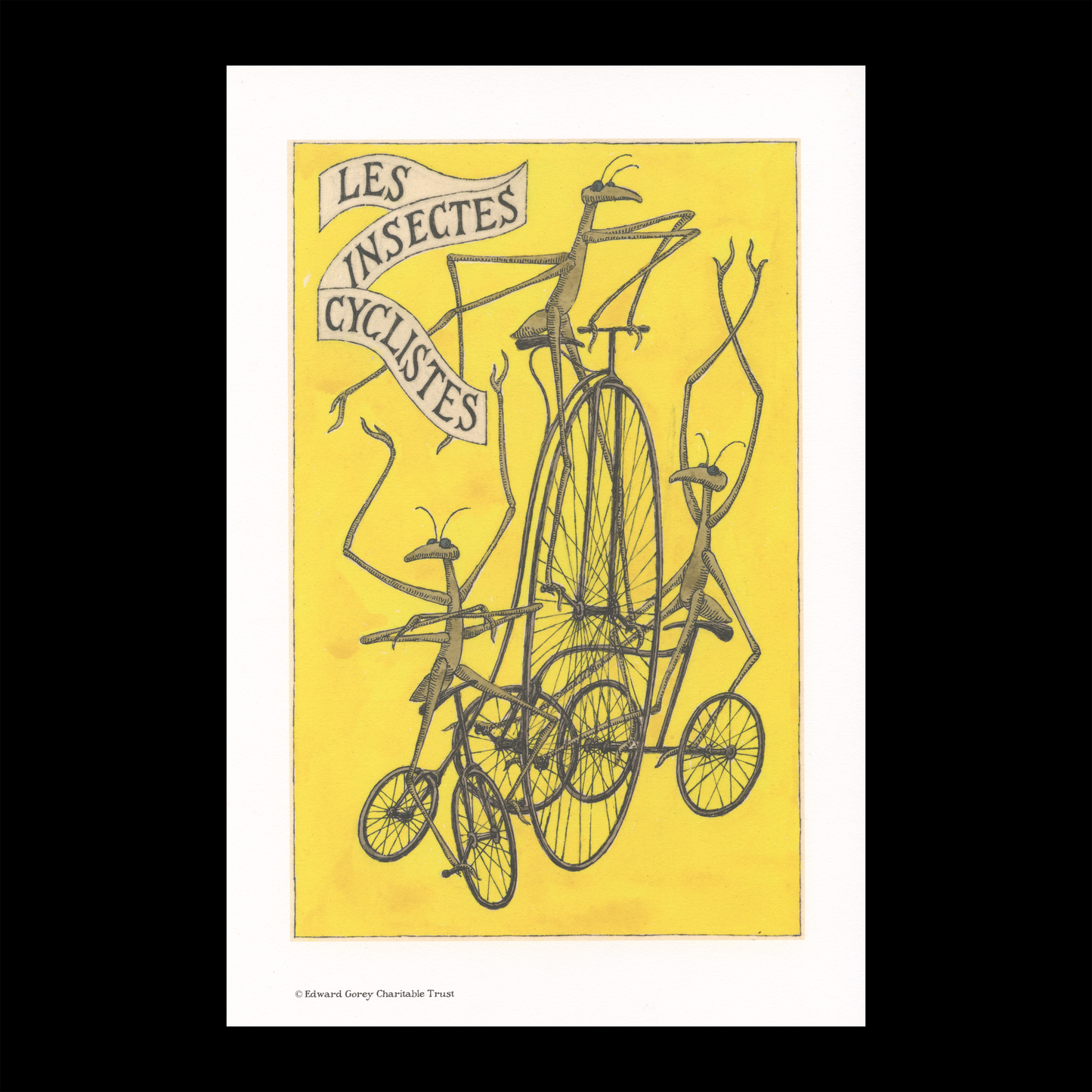 Edward Gorey illustration of insects riding bicycles, yellow background, Les Insectes Cyclistes print