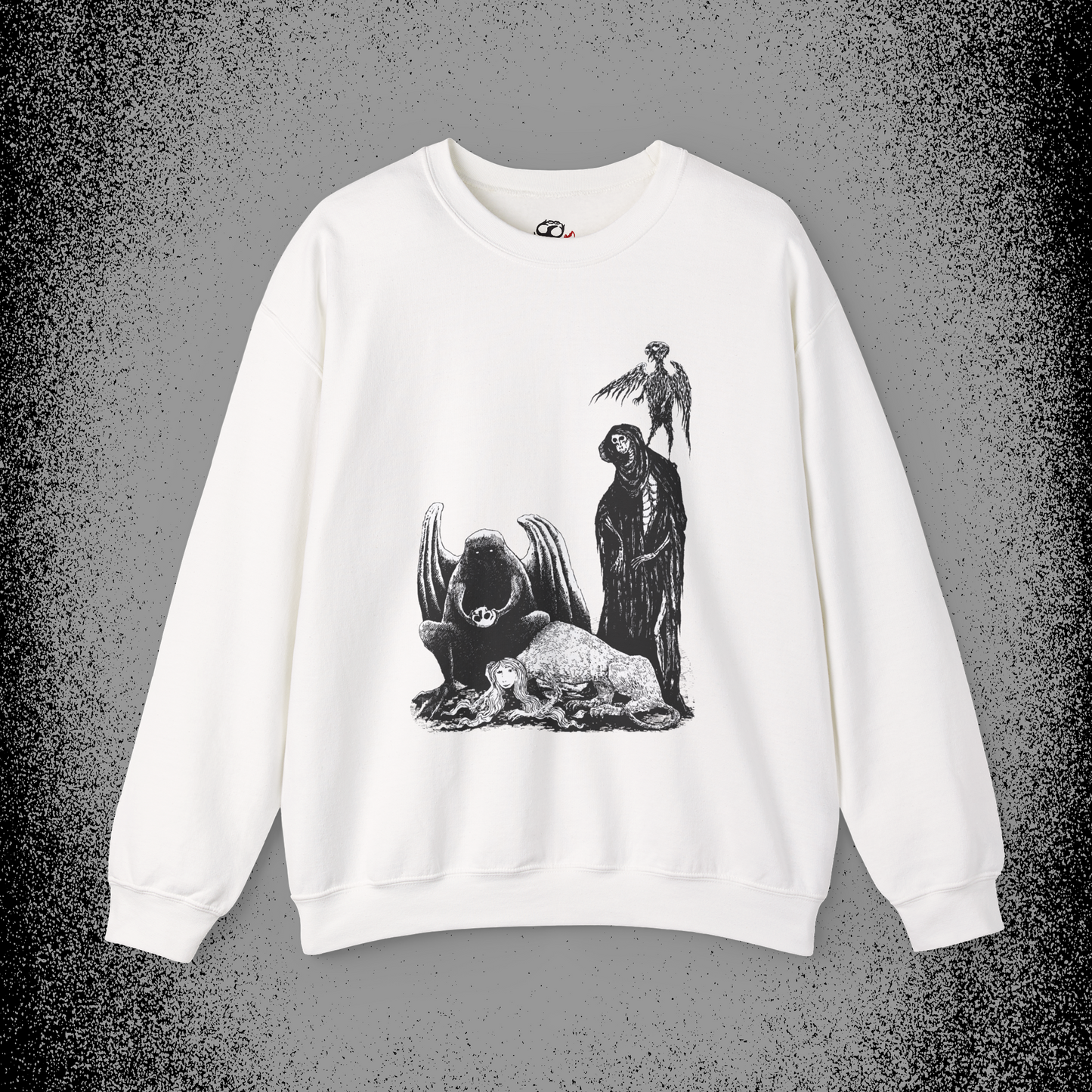White crewneck sweatshirt with Edward Gorey monster festival illustration, gothic art style.