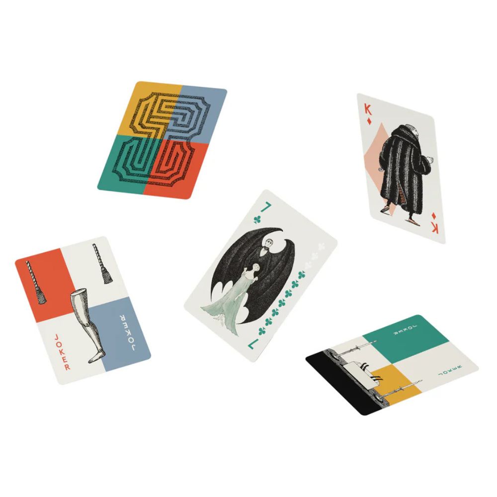 Edward Gorey illustrated playing cards with unique gothic designs on white background
