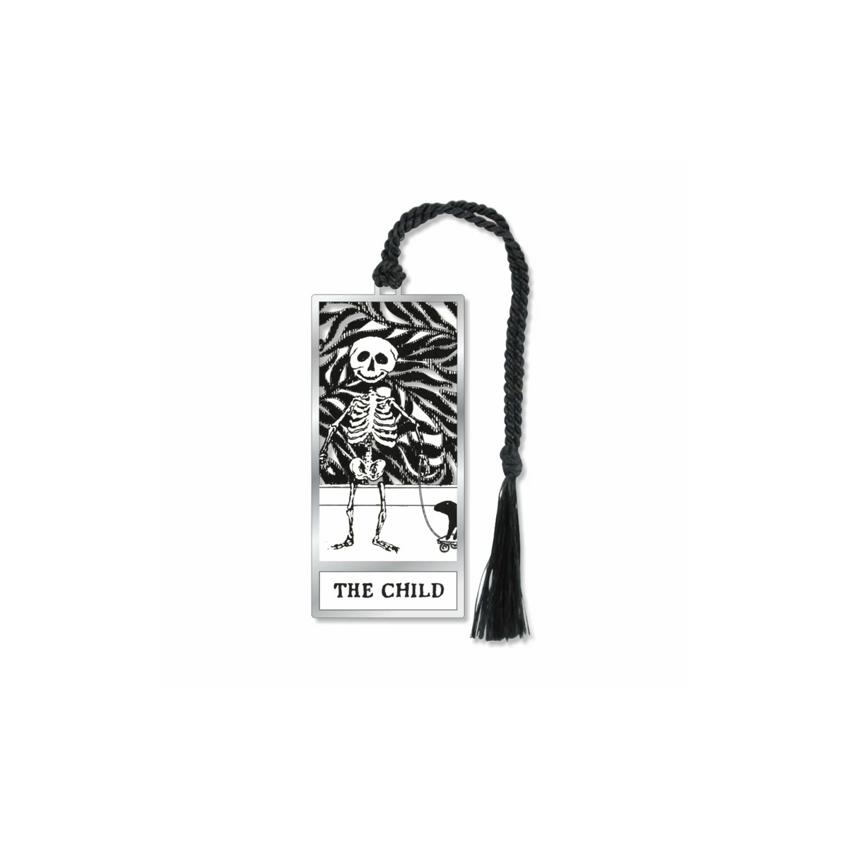 Edward Gorey metal bookmark featuring a child skeleton illustration and tassel, The Child