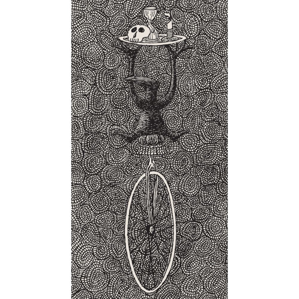 Edward Gorey art print of a figure on a unicycle holding a tray with a skull, from The Fantod Pack