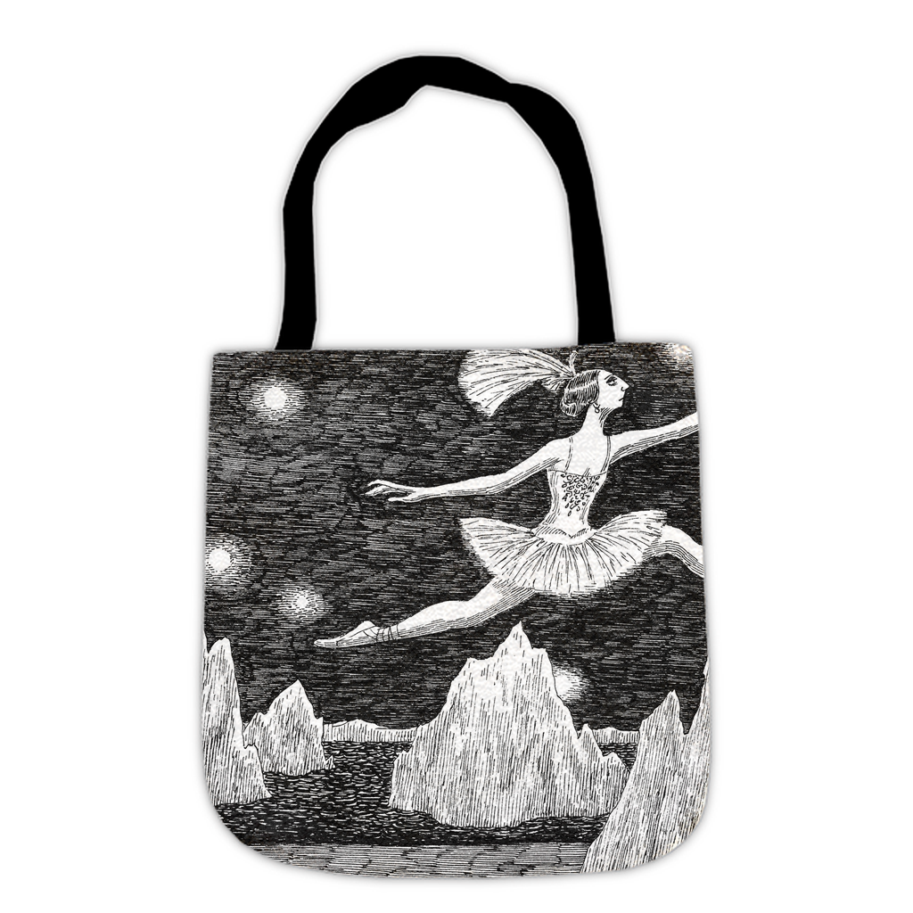 Edward Gorey illustrated tote bag with ballerina leaping over mountains at night