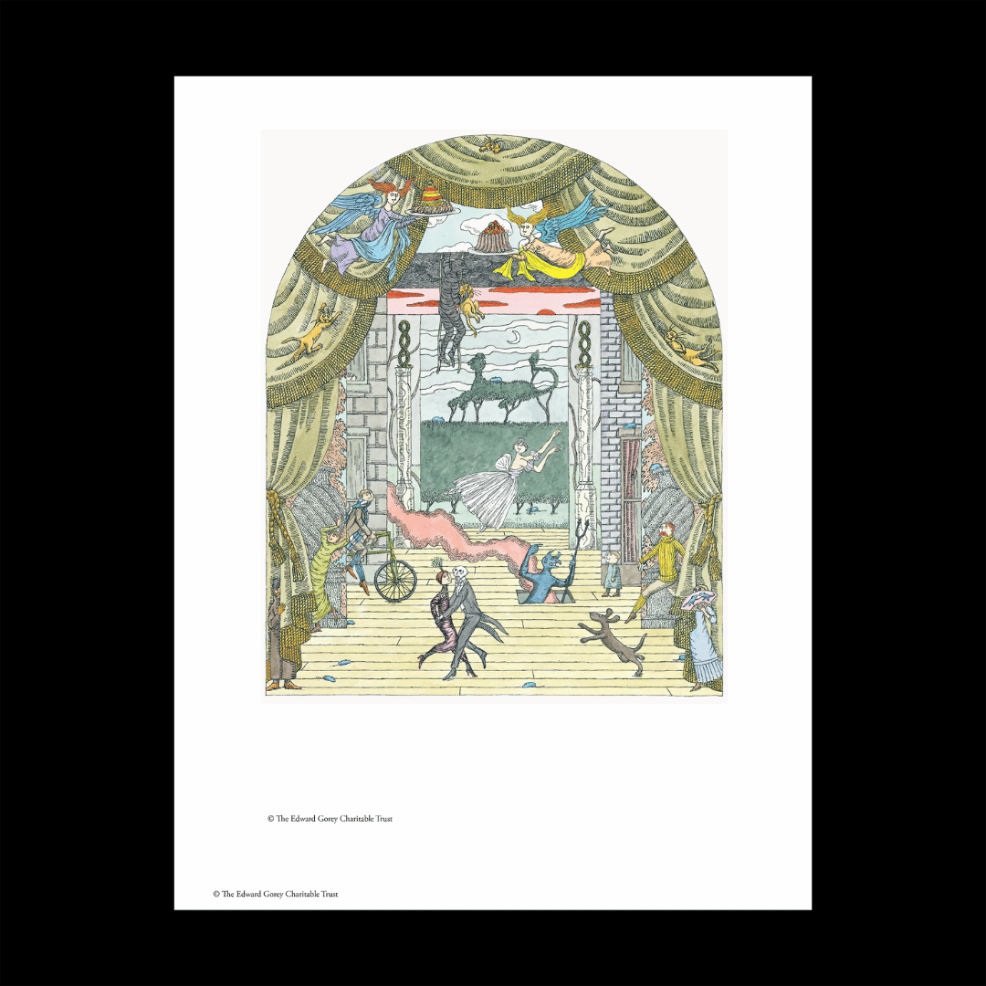 Edward Gorey theatre dance print featuring whimsical characters on stage with ornate curtains