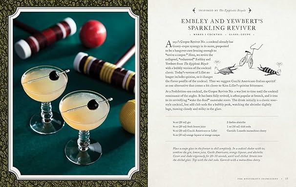 Cocktail recipe spread from Uneasy Elixirs with two drinks and croquet set, Edward Gorey Online Shop