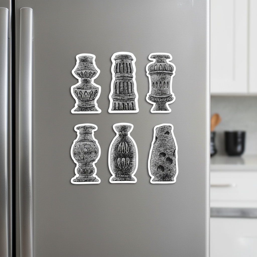 Edward Gorey urn illustration magnets on stainless steel fridge in kitchen