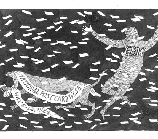 Edward Gorey illustration for National Post Card Week, figure with GBM and dog, 1984