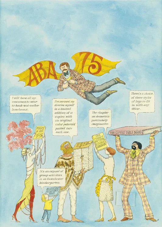 Edward Gorey illustration of quirky characters with books, banners, and speech bubbles, ABA 75 theme.