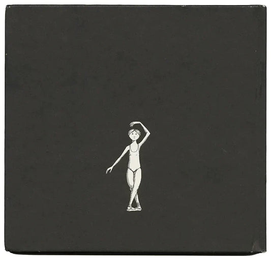 Edward Gorey illustration of a ballerina in black and white on a dark background