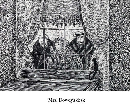 Edward Gorey illustration of three people looking through a window at Mrs. Dowdy's desk