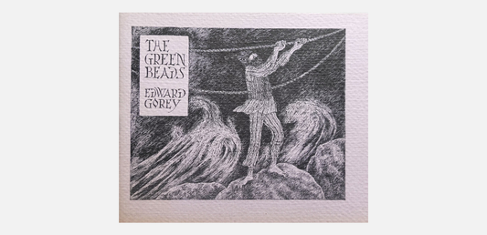 Edward Gorey illustration for The Green Beads shows figure on rocks amid waves, gothic art style