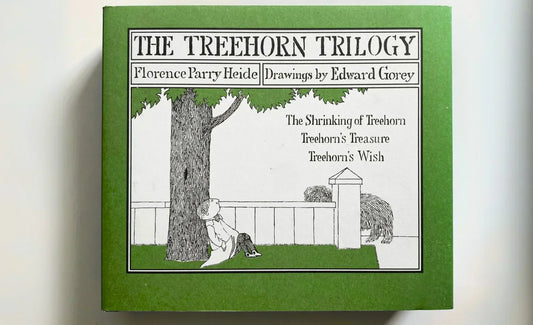 The Treehorn Trilogy book cover illustrated by Edward Gorey with green border, child under tree.