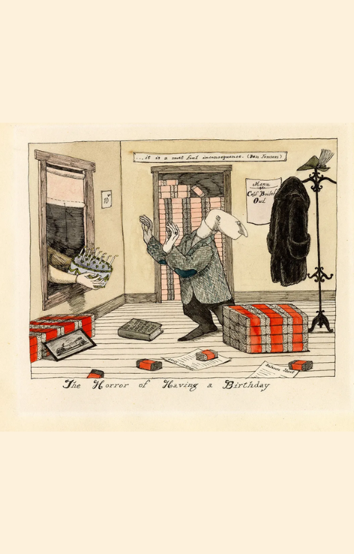 Edward Gorey illustration of startled man, birthday cake, and presents in whimsical room scene