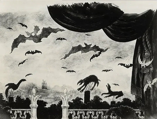 Edward Gorey gothic illustration with bats, shadowy figures, and dramatic curtains