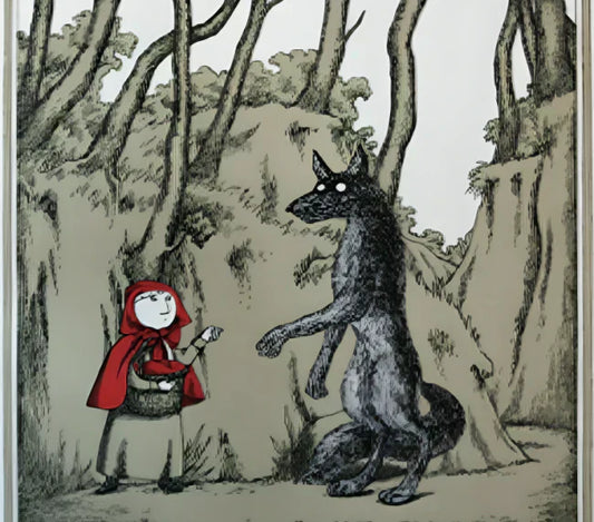 Edward Gorey illustration of Little Red Riding Hood and the wolf in a forest scene
