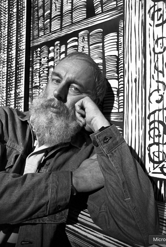Bearded man in denim jacket leaning against illustrated bookshelf, Edward Gorey style art