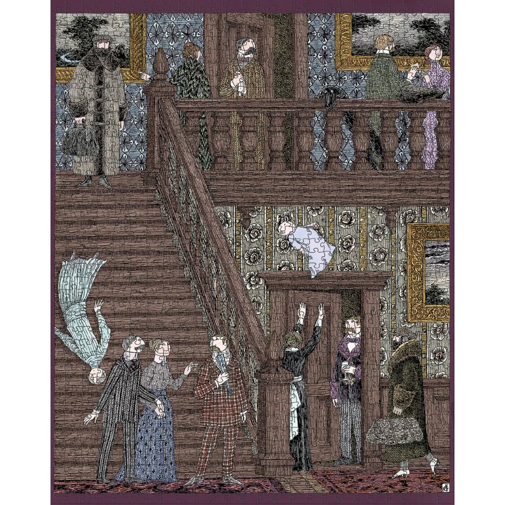 Edward Gorey Baby Toss 1000-piece jigsaw puzzle showing Victorian-era characters on a grand staircase in a whimsical, detailed illustration, sold by The Edward Gorey Online Shop.