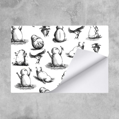 Edward Gorey beastly baby gift wrap with whimsical black-and-white creature illustrations.