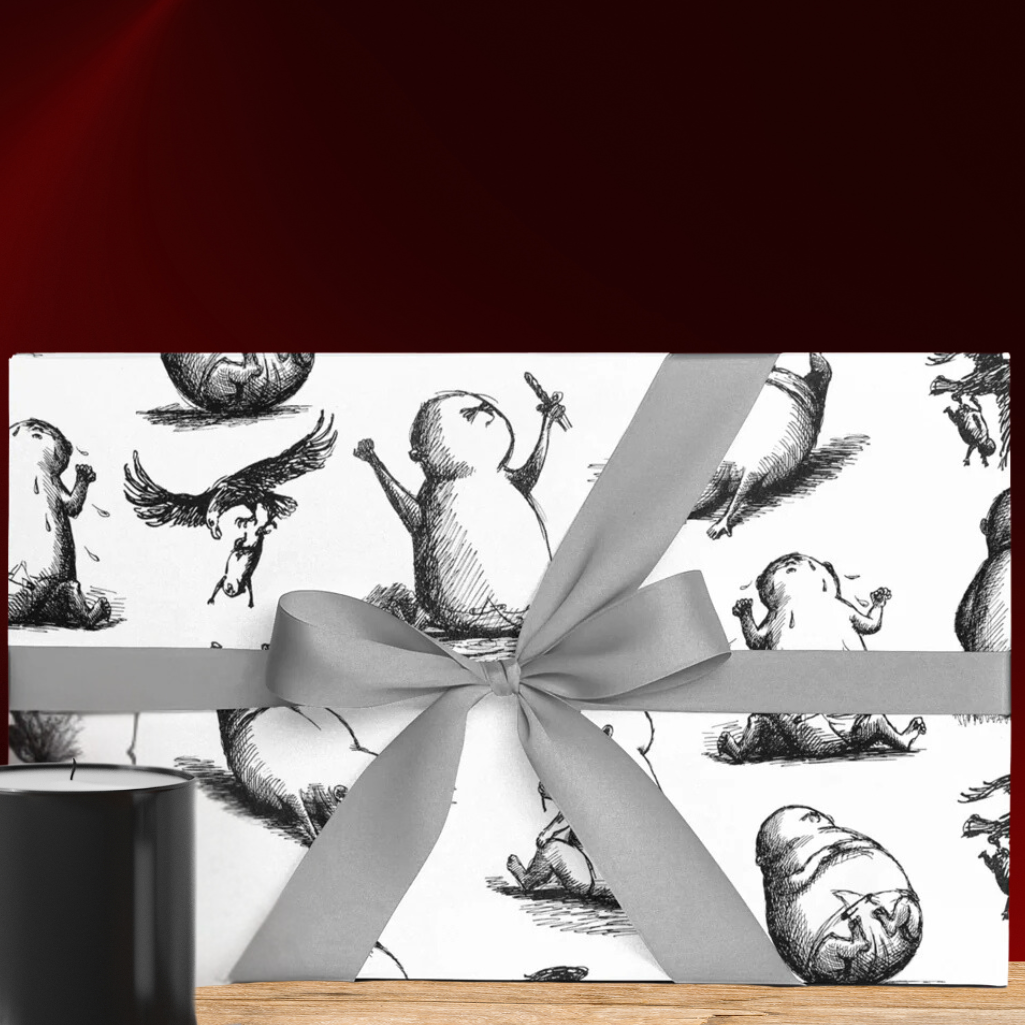 Edward Gorey beastly baby illustrated gift wrap with gray ribbon, unique art style