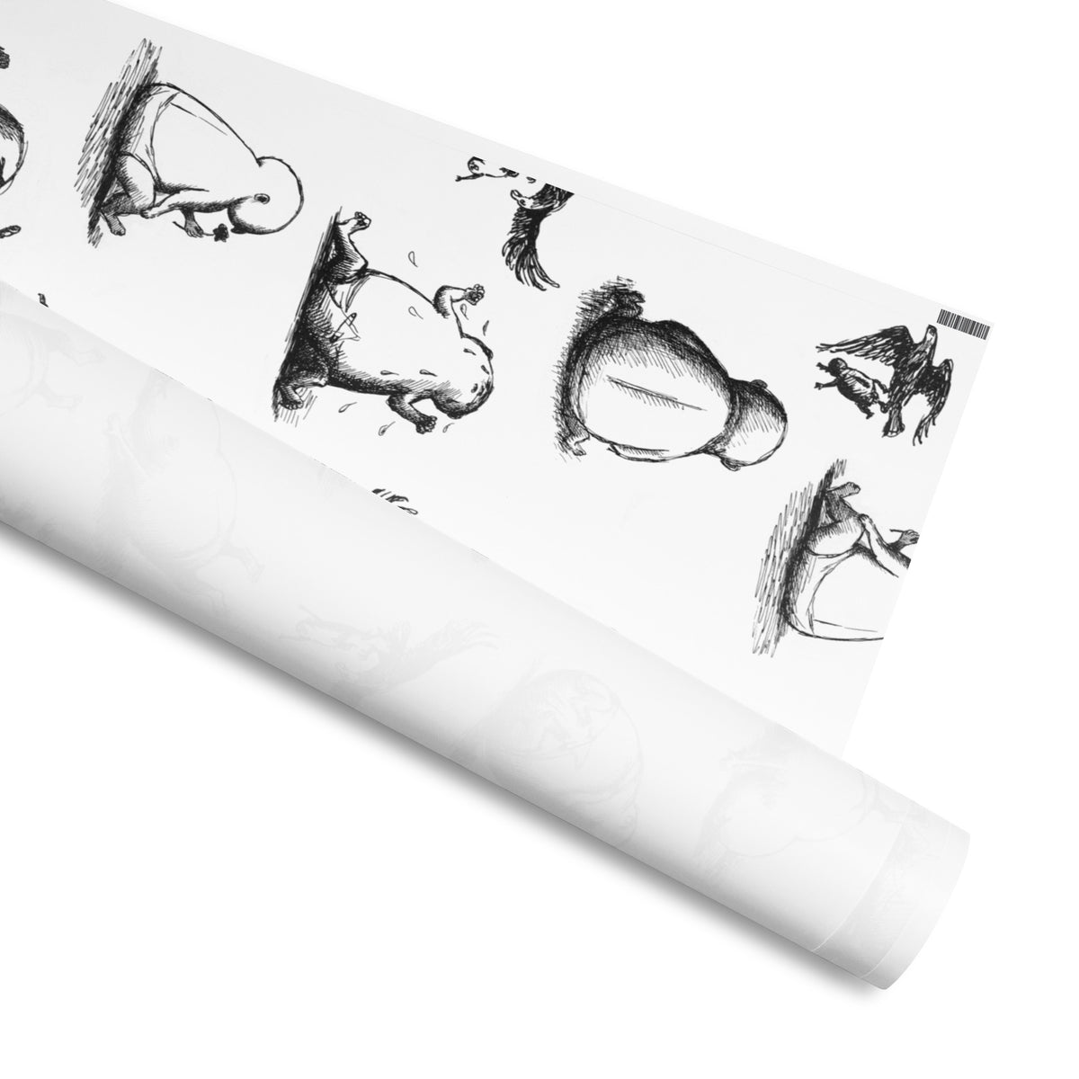 Beastly baby-themed gift wrap with Edward Gorey style black ink illustrations on white paper