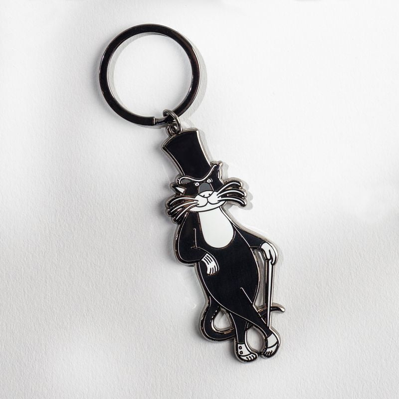Bustopher Jones keychain featuring a black cat in a top hat and cane from The Edward Gorey Online Shop
