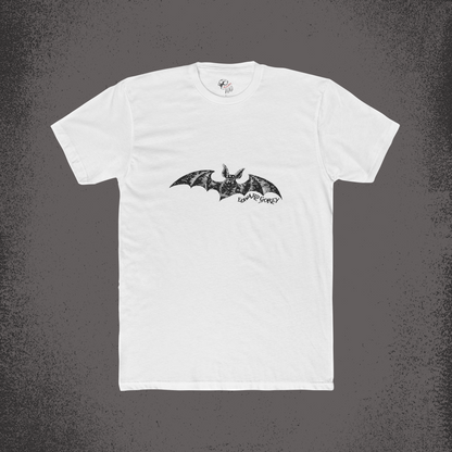 White Edward Gorey t-shirt with black Dracula bat illustration and Edward Gorey signature.