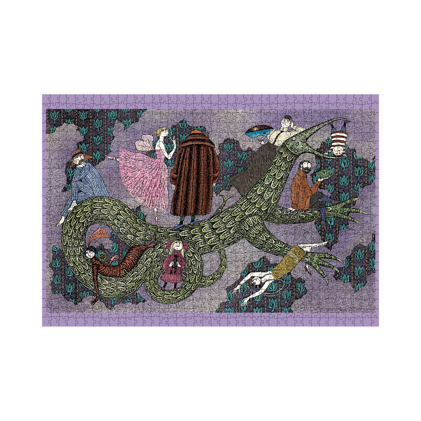 Edward Gorey Drop Curtain 1000-piece jigsaw puzzle with whimsical characters and dragon
