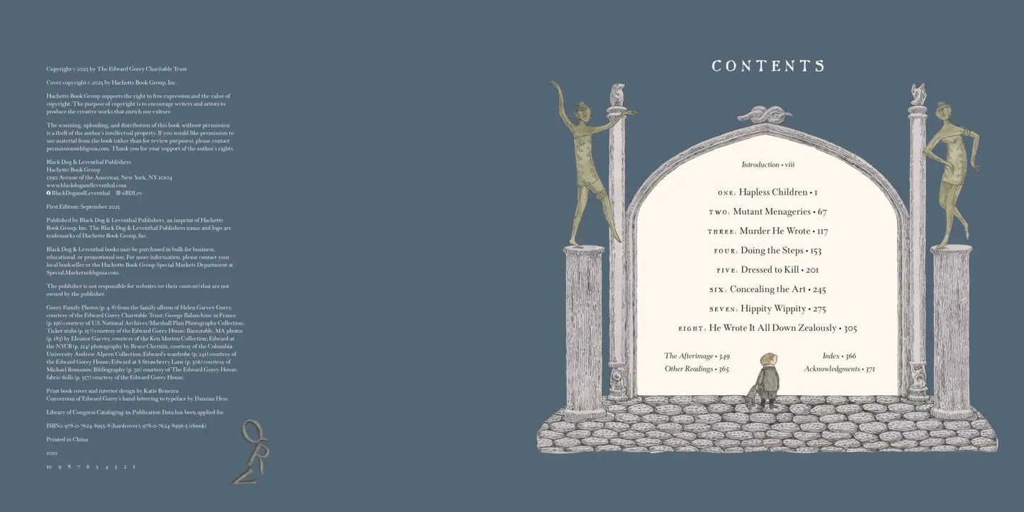 Edward Gorey book contents page with whimsical illustrations and gothic arch, The Edward Gorey Online Shop