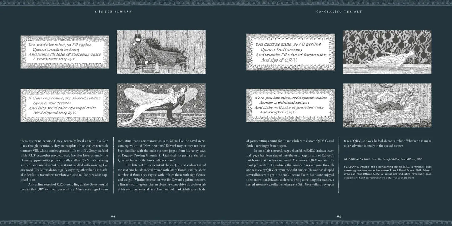 Edward Gorey centennial book spread with whimsical illustrations and quirky poetic text, The Edward Gorey Online Shop