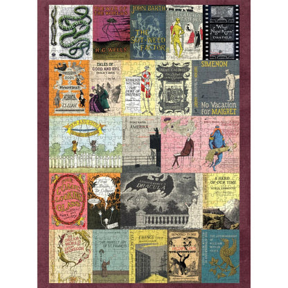 Edward Gorey book cover jigsaw puzzle featuring illustrated vintage book covers.
