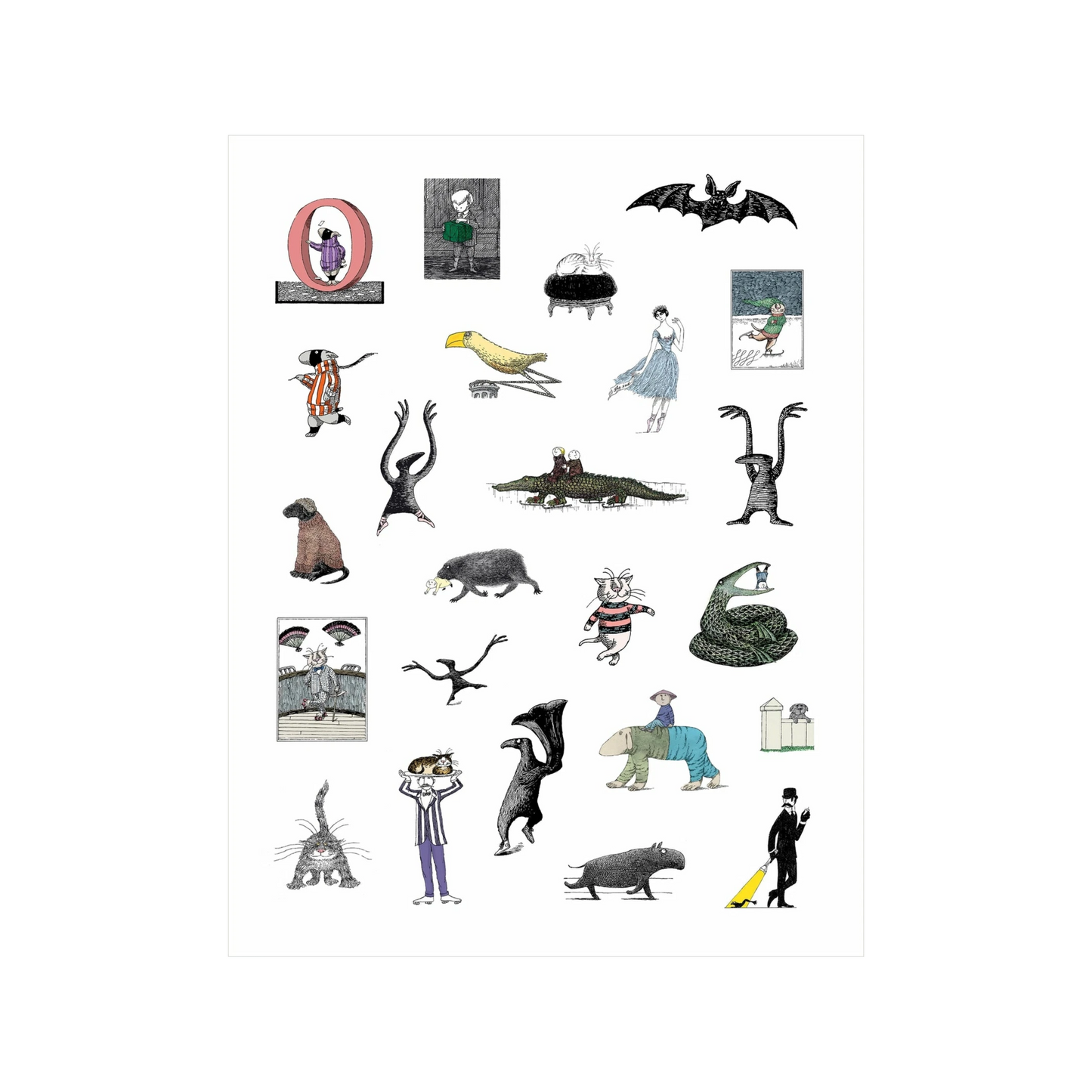 Edward Gorey sticker book sheet with quirky illustrated characters and creatures on white background