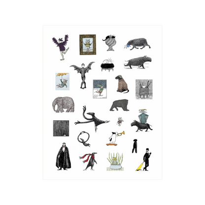 Edward Gorey sticker book sheet with whimsical illustrated characters and creatures
