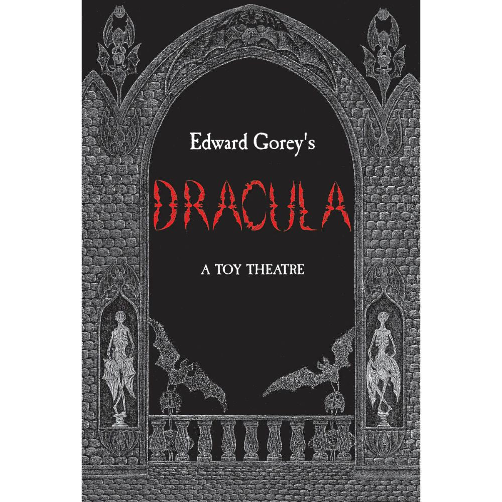Edward Gorey’s Dracula toy theatre cover art with gothic arches, statues, and bats