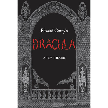 Edward Gorey’s Dracula toy theatre cover art with gothic arches, statues, and bats