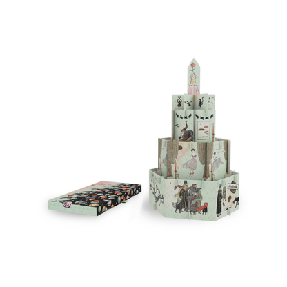 Edward Gorey illustrated Christmas tiered centerpiece with whimsical characters and holiday motifs