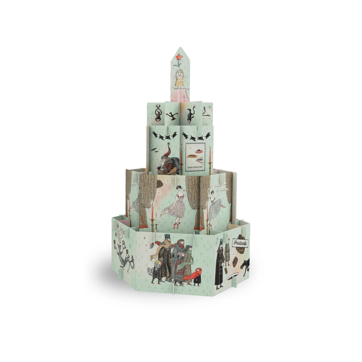 Edward Gorey illustrated Christmas decoration tower with whimsical characters