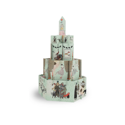 Edward Gorey illustrated Christmas decoration tower with whimsical characters