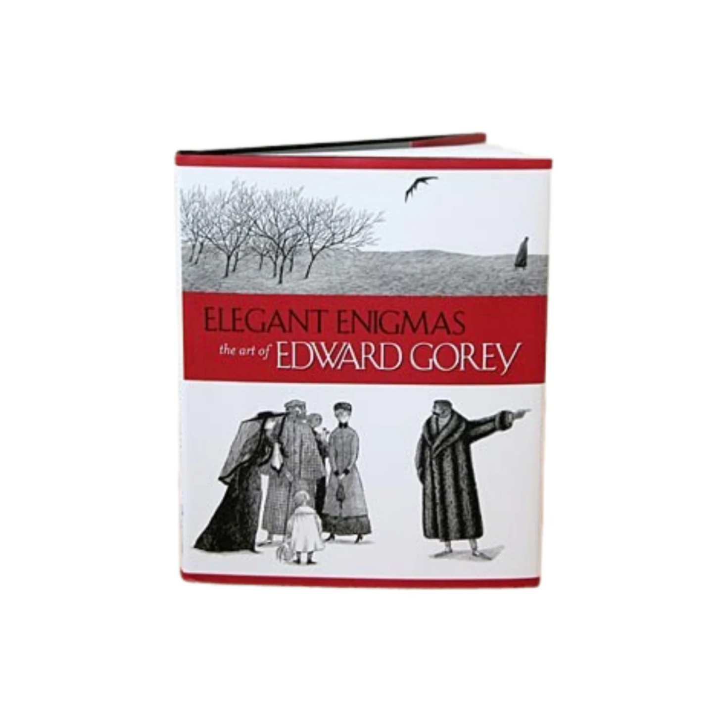Elegant Enigmas The Art of Edward Gorey book cover with Victorian figures and trees