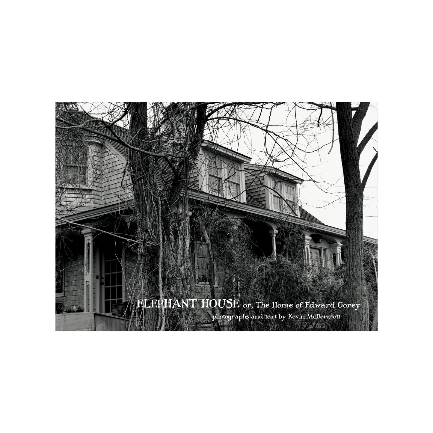 Black and white photo of Edward Gorey's Elephant House, with leafless trees and rustic porch
