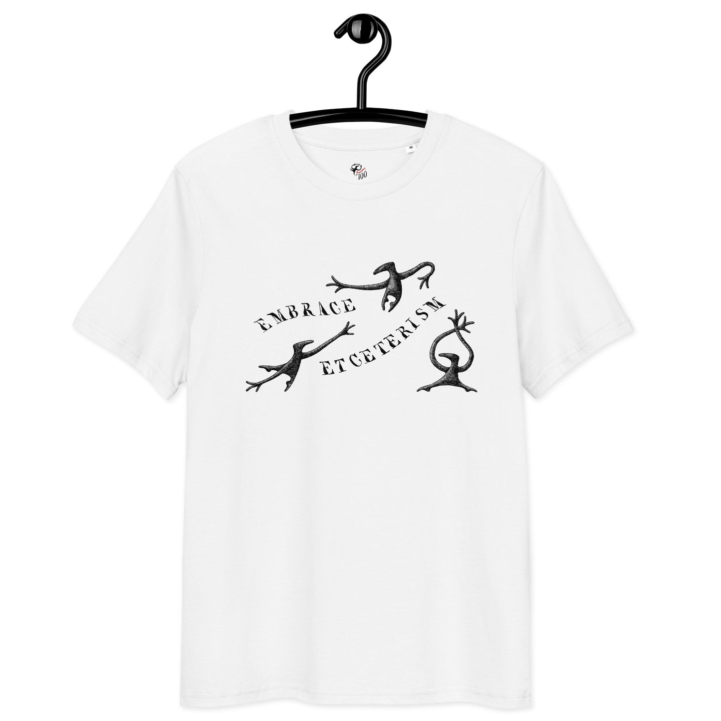 White Edward Gorey t-shirt with 'Embrace Etceterism' text and illustrated dancing creatures