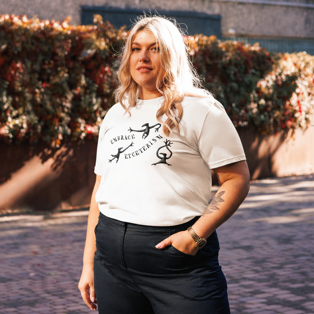 Woman wearing Embrace Etceterism T-shirt from The Edward Gorey Online Shop, outdoors