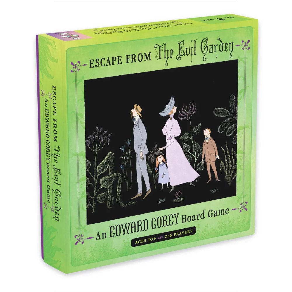 Escape from The Evil Garden Edward Gorey board game box with illustrated Victorian family on front