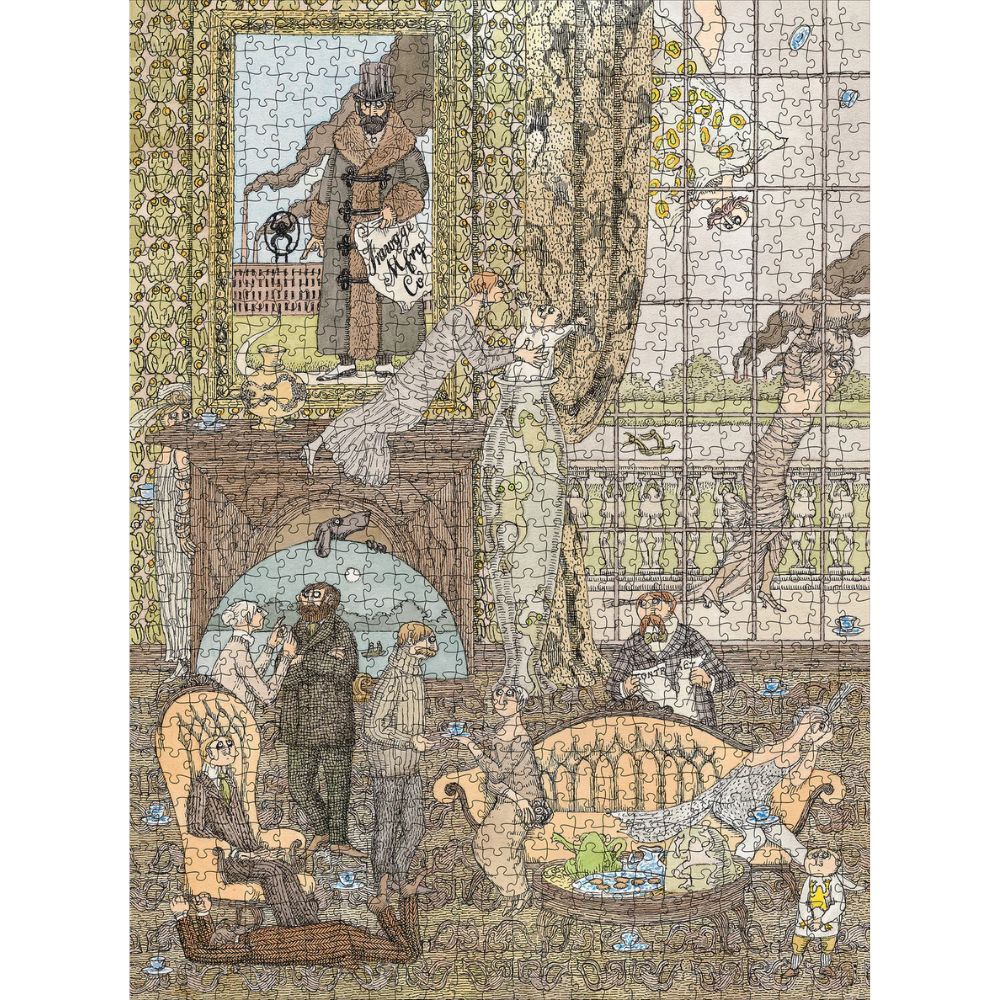 Edward Gorey illustration jigsaw puzzle with quirky characters in a vintage living room scene