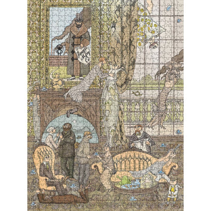 Edward Gorey illustration jigsaw puzzle with quirky characters in a vintage living room scene