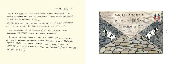 Edward Gorey illustrated envelope art with handwritten text and dogs, The Edward Gorey Online Shop