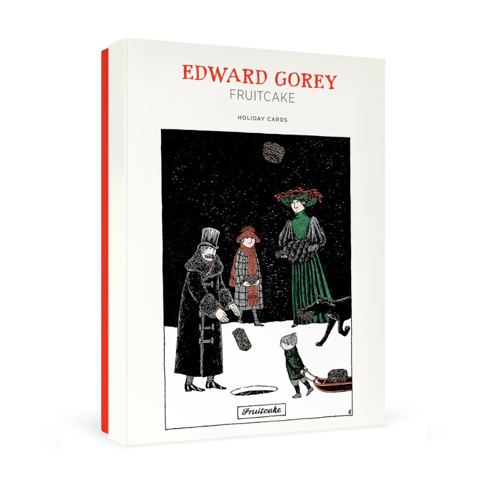 Edward Gorey Fruitcake holiday cards box with illustrated winter scene and Victorian characters