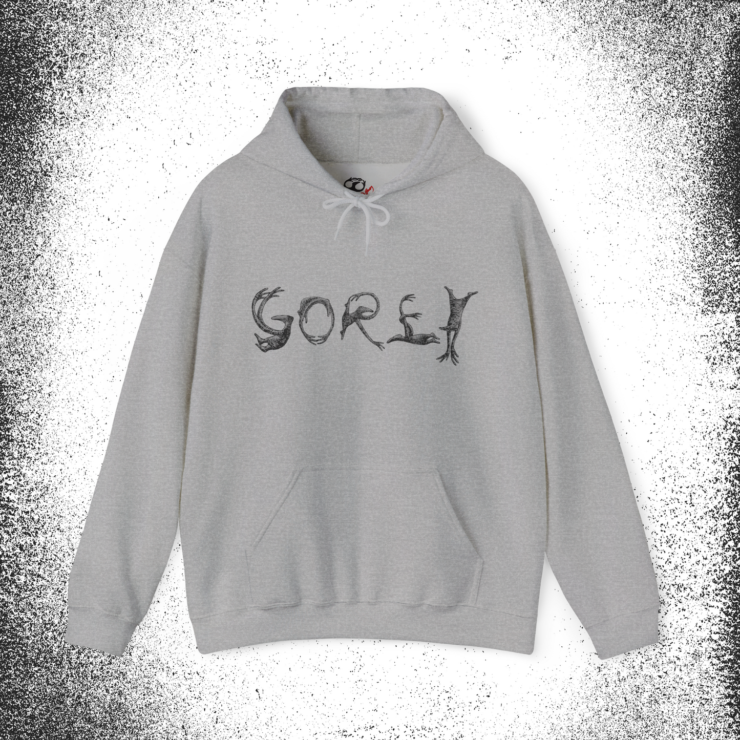 Gray hoodie with black GOREY text in illustrated style, Edward Gorey Online Shop product