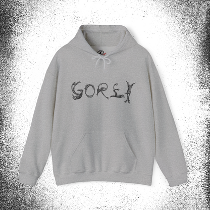 Gray hoodie with black GOREY text in illustrated style, Edward Gorey Online Shop product